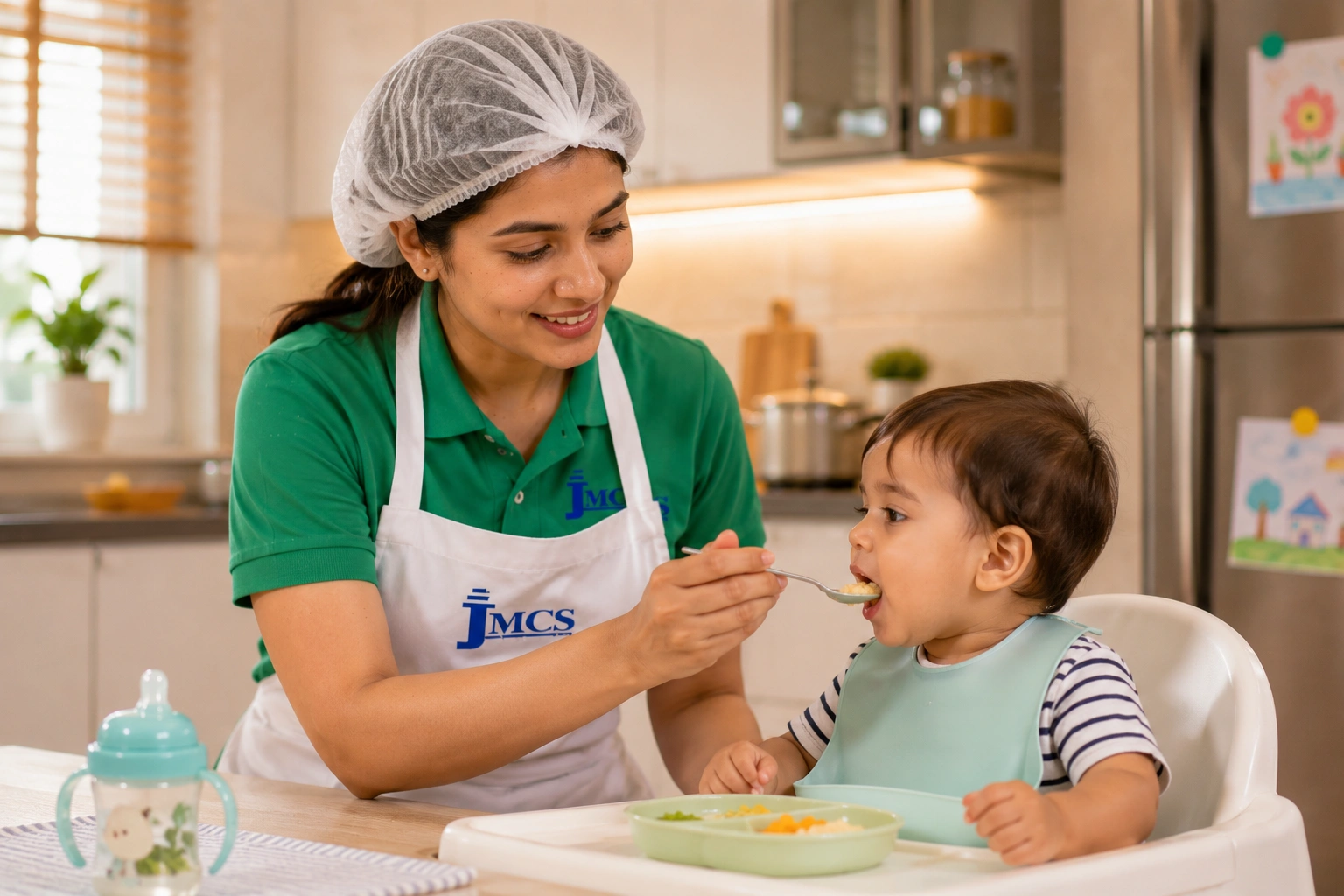Jumeira Maid caregiver feeding a baby
